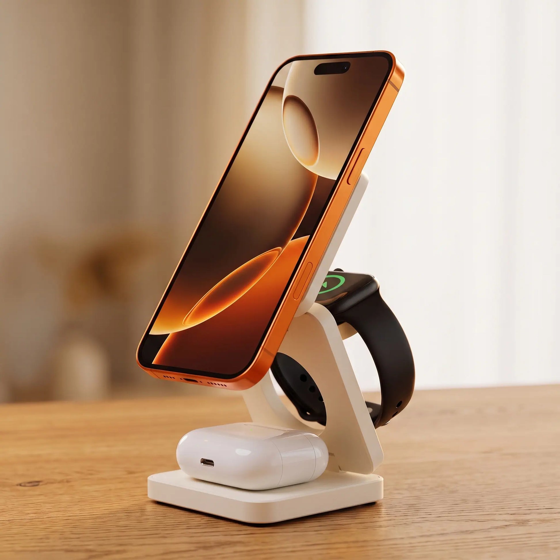 The Fold, Cloud White, open with phone, watch and earbuds charging