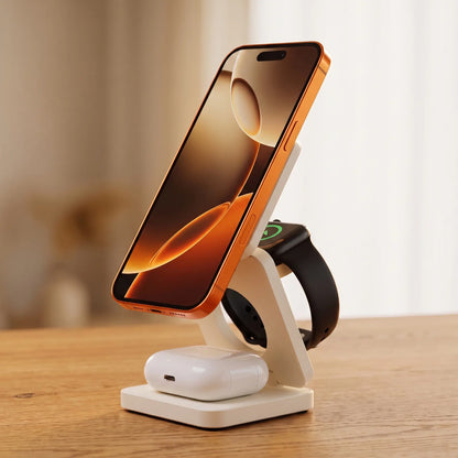 The Fold, Cloud White, open with phone, watch and earbuds charging
