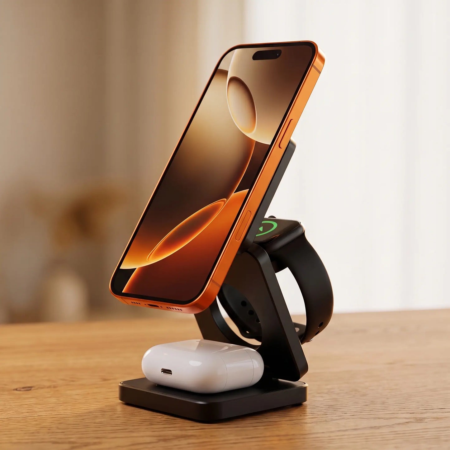 The Fold, Matte Black, open with phone, watch and earbuds charging
