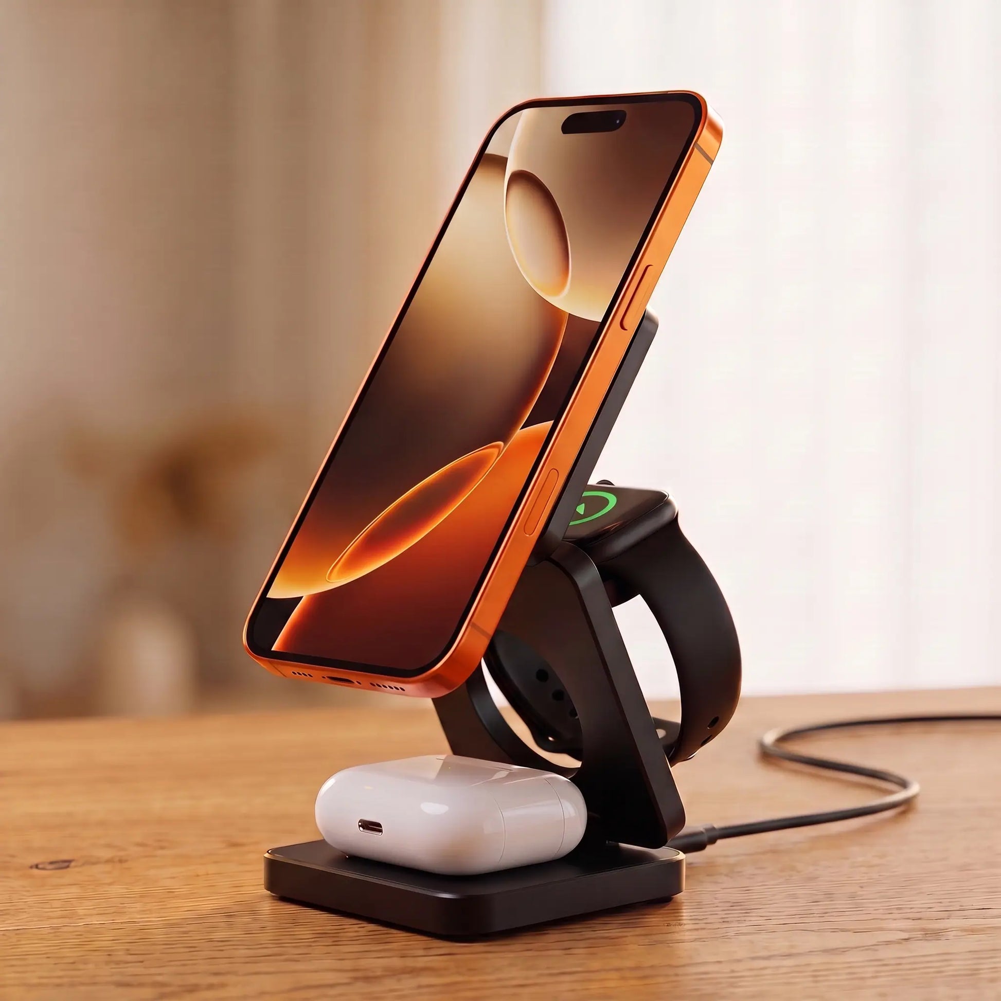 Close detail of The Fold's phone and watch charging, cable plugged into the back of the base