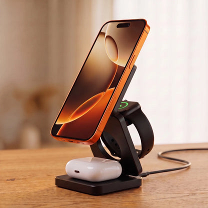 Close detail of The Fold's phone and watch charging, cable plugged into the back of the base
