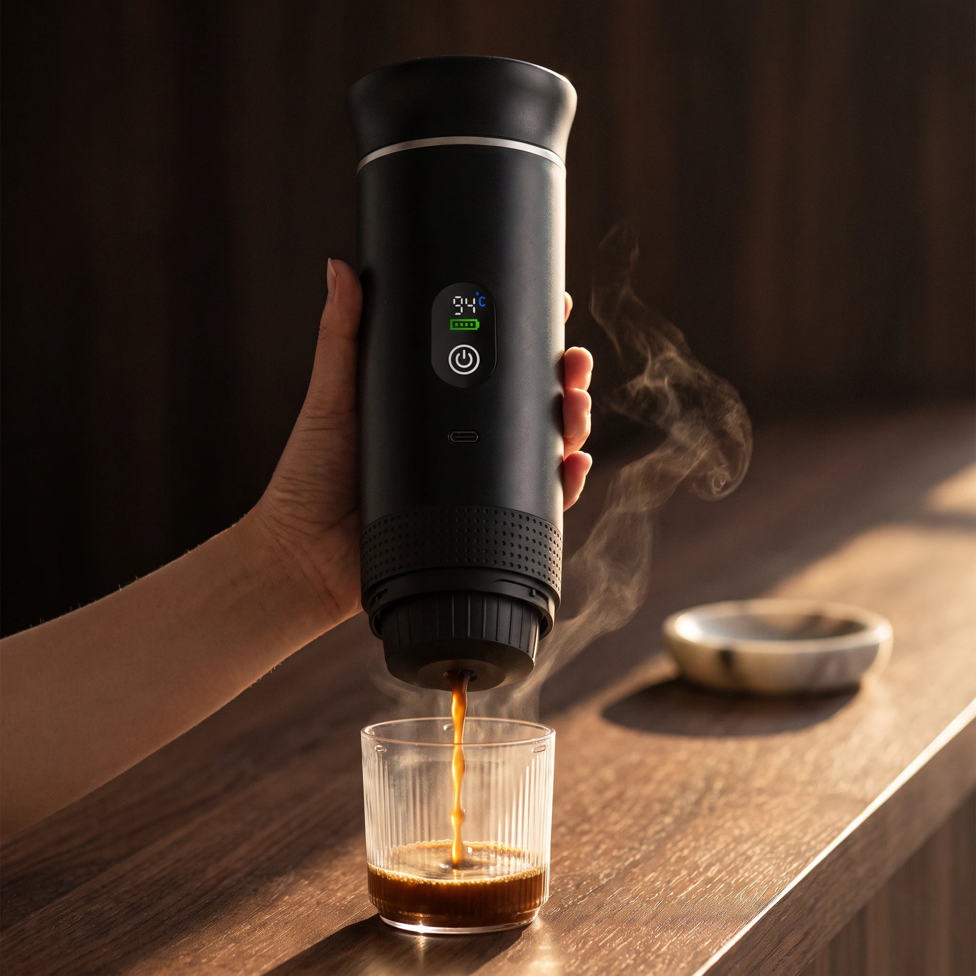 The Pull mid-brew, espresso running into the cup